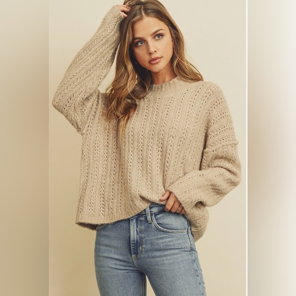 Open Knit Mock Neck Long Sleeve Sweater - Picture 6 of 14